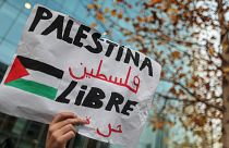 Şili'de yaşayan Filistin toplumu mensubu bir kişi, elinde "Özgür Filistin" yazılı pankart taşırken