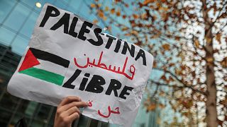 Şili'de yaşayan Filistin toplumu mensubu bir kişi, elinde "Özgür Filistin" yazılı pankart taşırken 