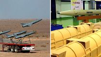 موشک فاتح (تصویر راست) و پهپادهای ایرانی (تصویر چپ)