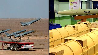 موشک فاتح (تصویر راست) و پهپادهای ایرانی (تصویر چپ)