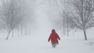 A person walks on the street as a winter storm rolls through Western New York Saturday, Dec. 24, 2022, in Amherst N.Y.