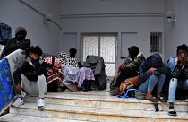 African migrants stage sit-in protest in front of the UNHCR building in Tunis, Tunisia on April 21, 2022.
