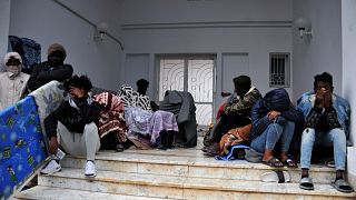 African migrants stage sit-in protest in front of the UNHCR building in Tunis, Tunisia on April 21, 2022.
