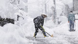 Varios vecinos quitan nieve de las calles en Japón.