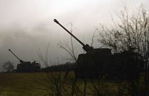 Serbian army self-propelled 155 mm gun-howitzers are seen on position near administrative line with Kosovo, south Serbia.