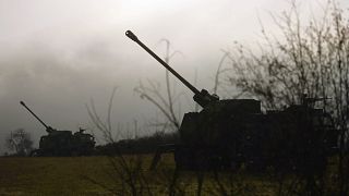Serbian army self-propelled 155 mm gun-howitzers are seen on position near administrative line with Kosovo, south Serbia.