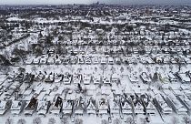 An aerial view of the 1901 Pan-American Exposition neighborhood in Buffalo, N.Y., which remains coated in a blanket of snow after a blizzard 27 December