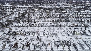 An aerial view of the 1901 Pan-American Exposition neighborhood in Buffalo, N.Y., which remains coated in a blanket of snow after a blizzard 27 December