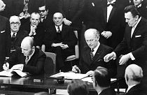 Irish Taoiseach Jack Lynch signing final papers for Ireland's membership of the EEC