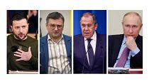 از سمت راست به ترتیب: ولادیمیر پوتین (رئیس حوهوری روسیه) ، لاوروف (وزیرخاجه روسیه)، دمیترو کولِبا (وزیرخارجه اوکراین) و ولودیمیر زلنسکی (رئیس جمهوری اوکراین)