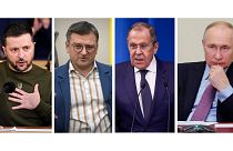 از سمت راست به ترتیب: ولادیمیر پوتین (رئیس حوهوری روسیه) ، لاوروف (وزیرخاجه روسیه)، دمیترو کولِبا (وزیرخارجه اوکراین) و ولودیمیر زلنسکی (رئیس جمهوری اوکراین)