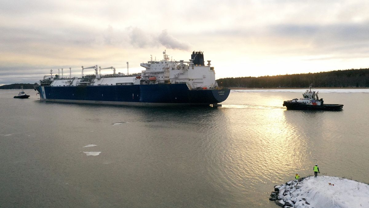 The Floating Storage and Regasification Unit (FSRU) ship Exemplar, chartered by Finland to replace Russian gas, is assisted by tug boats at it arrives at Inkoo port