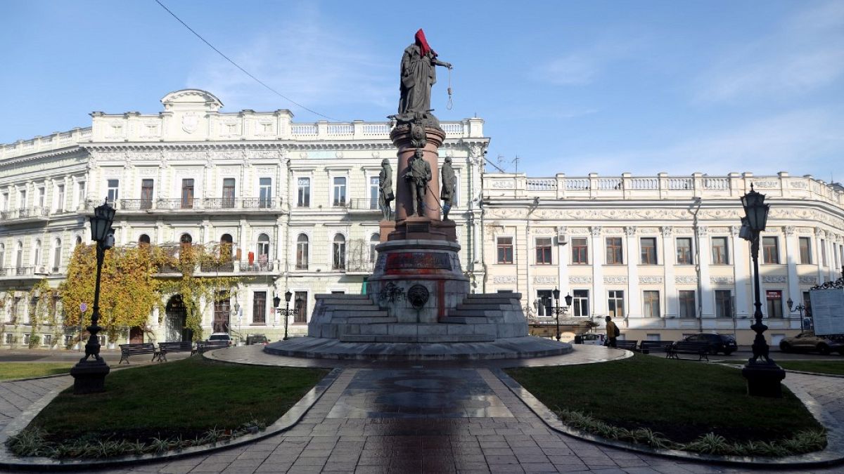 Statue of Empress Catherine the Great of Russia with an executioner's hood on the statue's head and a rope with a noose in it's hand placed by activists, in Odessa.