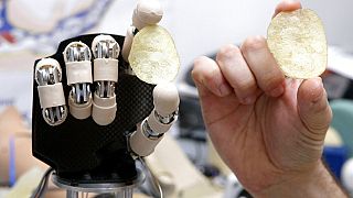 يد إنسان وروبوت يحملان حبة بطاطس مقرمشة في مختبر بمعهد تكنولوجيا في مدينة بونتيديرا، إيطاليا