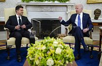 Volodimir Zelenszkij ukrán elnök és Joe Biden amerikai elnök a Fehér Házban 2021-ben - képünk illusztráció