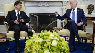 Volodimir Zelenszkij ukrán elnök és Joe Biden amerikai elnök a Fehér Házban 2021-ben - képünk illusztráció
