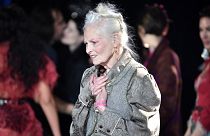 UK fashion designer Vivienne Westwood acknowledges the audience at the end of the Vivienne Westwood Fall-Winter 2022-2023 collection during the Paris Fashion week, 2022
