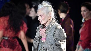 UK fashion designer Vivienne Westwood acknowledges the audience at the end of the Vivienne Westwood Fall-Winter 2022-2023 collection during the Paris Fashion week, 2022