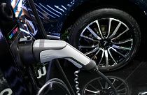 An electric plug in station for electric vehicles is pictured at the Paris Car Show, Oct. 17, 2022 in Paris.