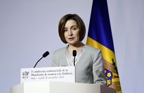 Moldova's President Maia Sandu delivers a speech in Paris in November.