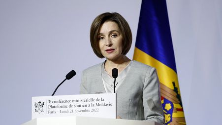 Moldova's President Maia Sandu delivers a speech in Paris in November.