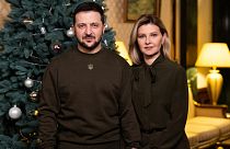 President Volodymyr Zelensky and his wife Olena during their New Year's Even video message, 31 December 2022