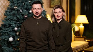 President Volodymyr Zelensky and his wife Olena during their New Year's Even video message, 31 December 2022