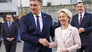 Andrej Plenković, primeiro-ministro da Croácia e Ursula von der Leyen, presidente da Comissão Europeia