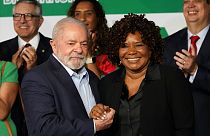 Brazilian President-elect Luiz Inacio Lula da Silva stands with his Culture Minister Margareth Menezes in Brasilia, Brazil.