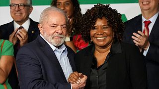 Brazilian President-elect Luiz Inacio Lula da Silva stands with his Culture Minister Margareth Menezes in Brasilia, Brazil.