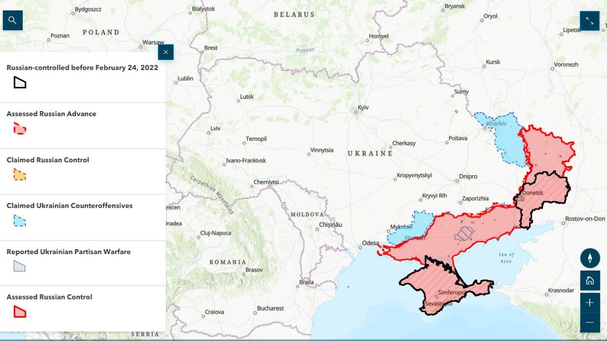 Map of Ukraine with battle zones marked in eastern Ukraine