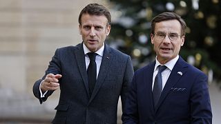 French president Emmanuel Macron (L) welcomes Sweden's prime minister Ulf Kristersson (R) at his arrival at the Elysee Palace in Paris on January 3, 2023.