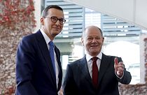 German Chancellor Olaf Scholz welcomes Poland's Prime Minister Mateusz Morawiecki in Berlin, Germany, Thursday, Nov. 3, 2022. 