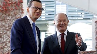 German Chancellor Olaf Scholz welcomes Poland's Prime Minister Mateusz Morawiecki in Berlin, Germany, Thursday, Nov. 3, 2022.