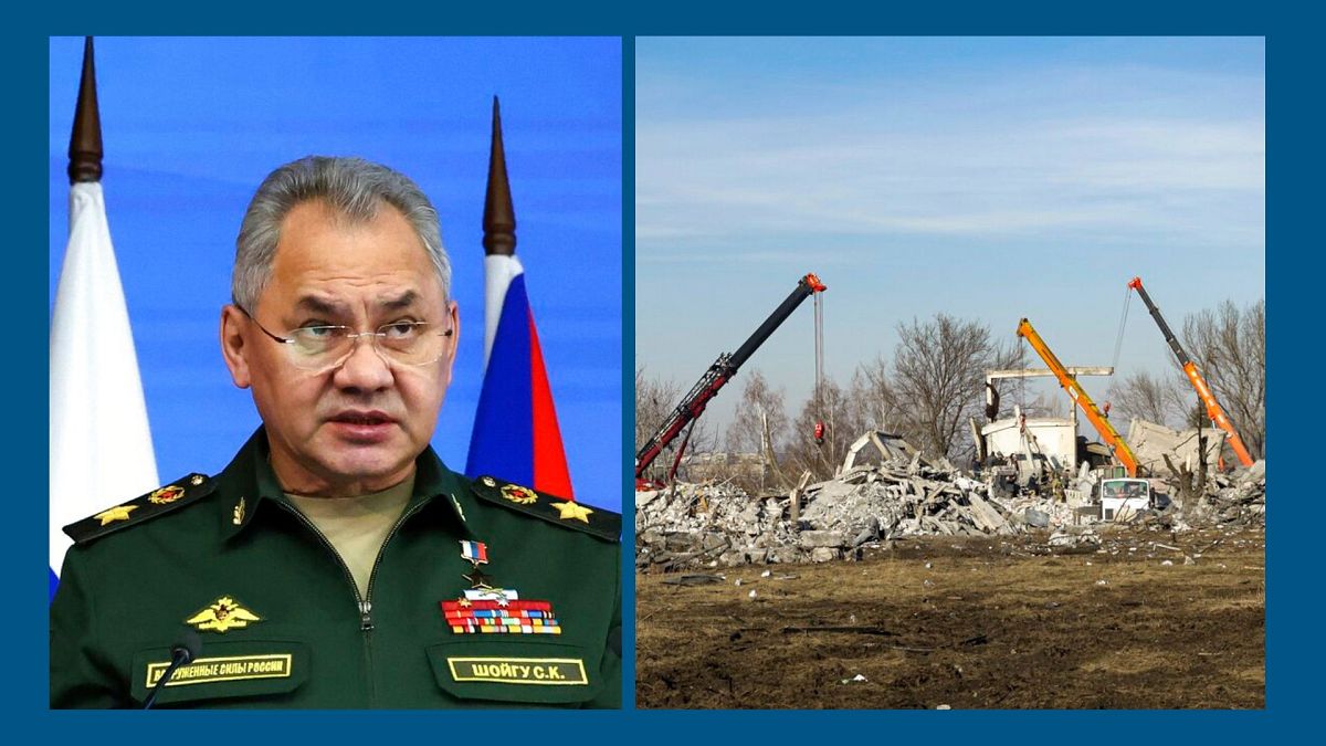 A g. : le ministre russe de la Défense (photo d'archives) / A dr.: débris du bâtiment frappé par des bombardements ukrainiens à Makiïvka, (photo du 03/01/2023)
