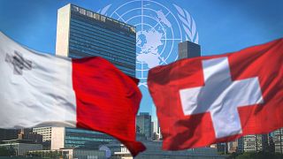 Composite image showing flags of Malta and Switzerland at United Nations