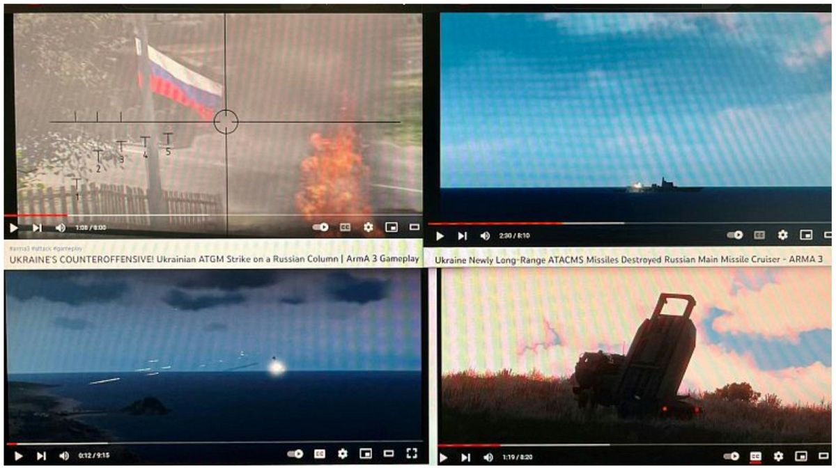 شاشة كمبيوتر بأربع نوافذ على يوتيوب تعرض مقاطع قتالية مقتطفة من لعبة فيديو "آرما 3".