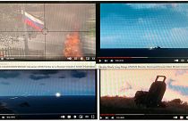 شاشة كمبيوتر بأربع نوافذ على يوتيوب تعرض مقاطع قتالية مقتطفة من لعبة فيديو "آرما 3".
