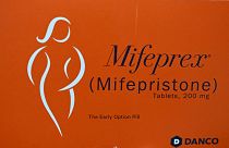 Archives : boite de Mifeprex (Mifepristone ) du laboratoire Danco, photographiée à Santa Teresa au Nouveau Mexique, le 15 juin 2022