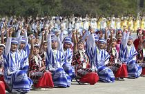 Kayin's traditional artist group performs during a ceremony marking Myanmar's 75th anniversary of Independence Day in Naypyitaw, Myanmar, Wednesday, Jan. 4, 2023