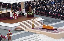 Pope Francis starts a funeral mass as the coffin of late Pope Emeritus Benedict XVI is placed at St. Peter's Square at the Vatican, Thursday, Jan. 5, 2023.