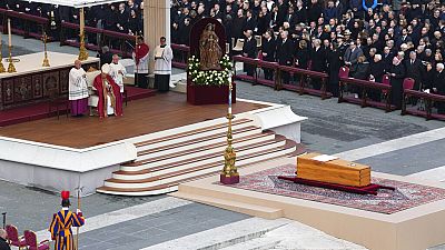 Pope Francis starts a funeral mass as the coffin of late Pope Emeritus Benedict XVI is placed at St. Peter's Square at the Vatican, Thursday, Jan. 5, 2023.