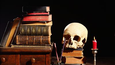 A skull beside a pile of books