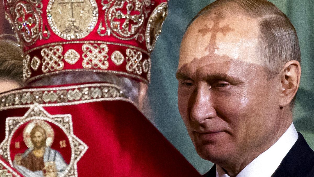 FILE - Russian Orthodox Patriarch Kirill, left, talks to President Vladimir Putin, right, in the Christ the Savior Cathedral in Moscow, Russia, on April 28, 2019. 