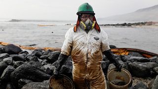 A worker cleans up an oil spill at the beach after the oil spill that has caused an ecological disaster.