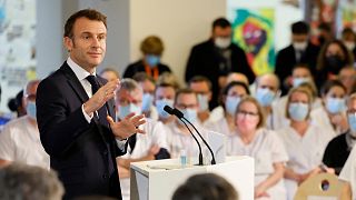 France's President Emmanuel Macron addresses his New Year wishes to health care workers at the Centre Hospitalier Sud Francilien Hospital, Paris, 6 January 2023