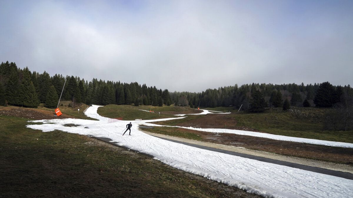 A man practices nordic skiing despite the lack of snow in La Feclaz, near Chambery, in the French Alps, Thursday, Jan. 5, 2023.
