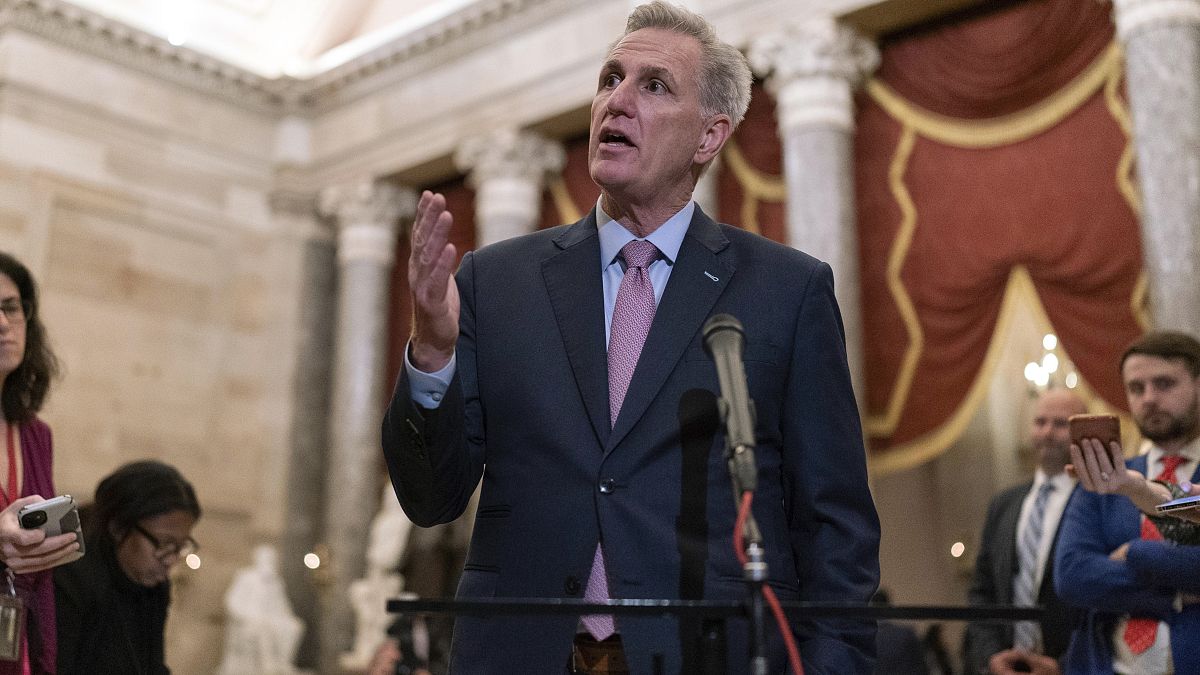 Newly-elected Speaker of the House Kevin McCarthy talks to reporters after a contentious battle to lead the GOP majority in the 118th Congress