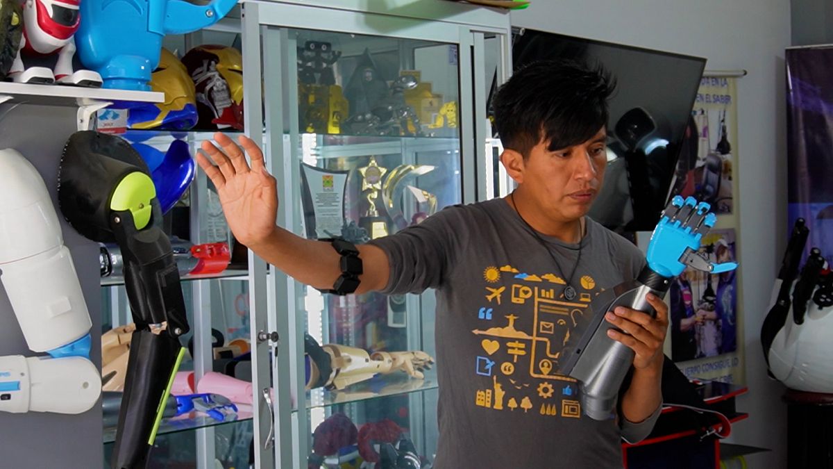 Inventor Roly Mamani working in his 'Robotic Creators' company in Bolivia