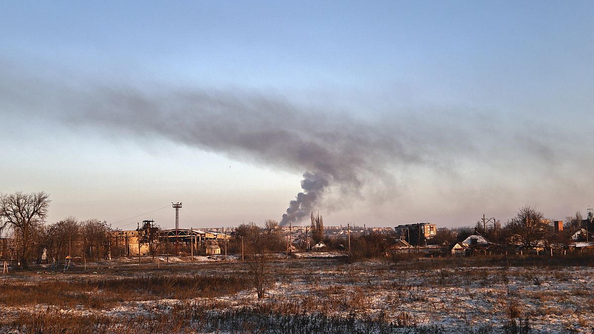 Smoke rises after shelling in Soledar, the site of heavy battles with Russian forces in the Donetsk region, Ukraine.